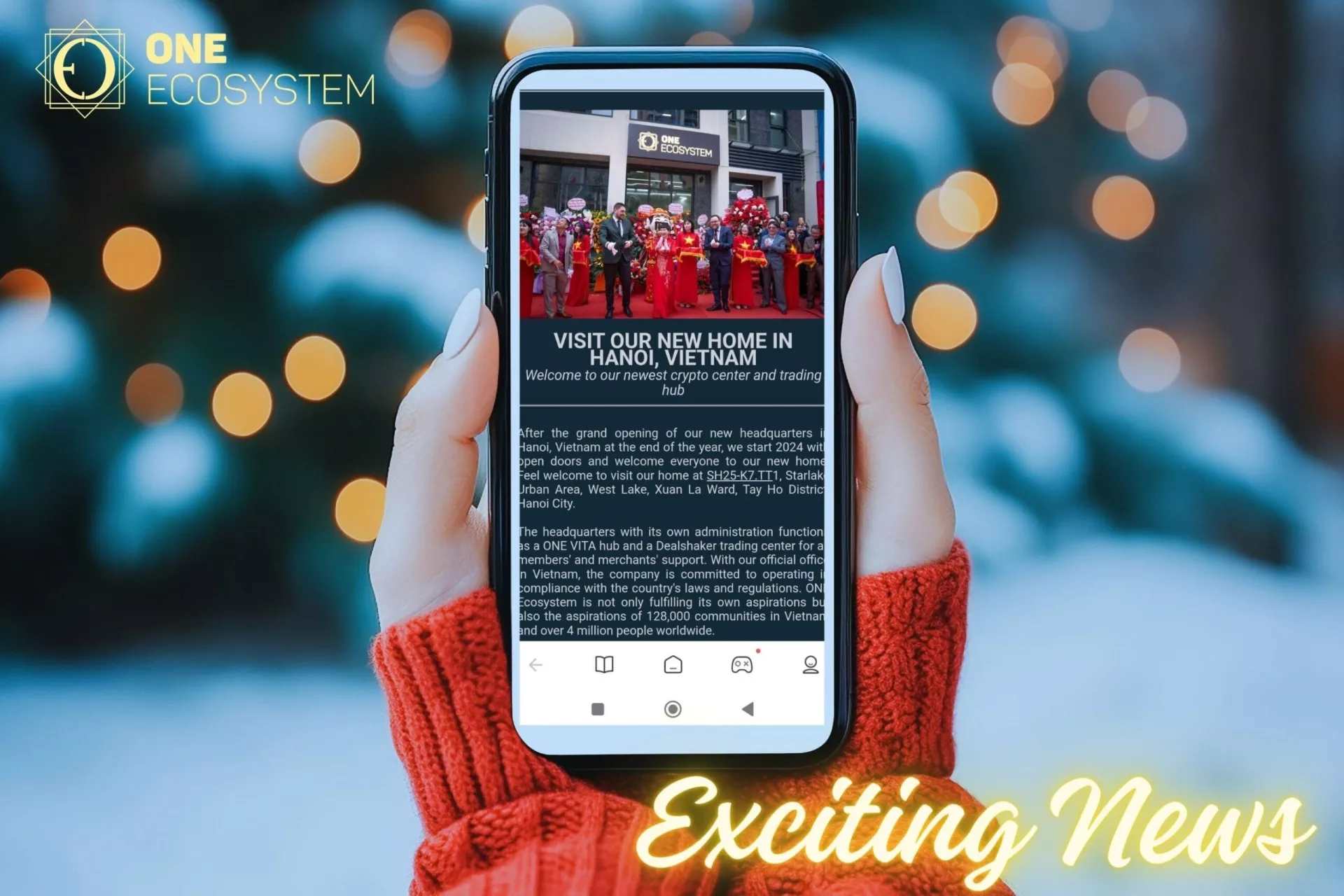 女性は、OneEcosystem 公式ニュースレターの「エキサイティングなニュース」というテキストが表示された携帯電話を掲げています。