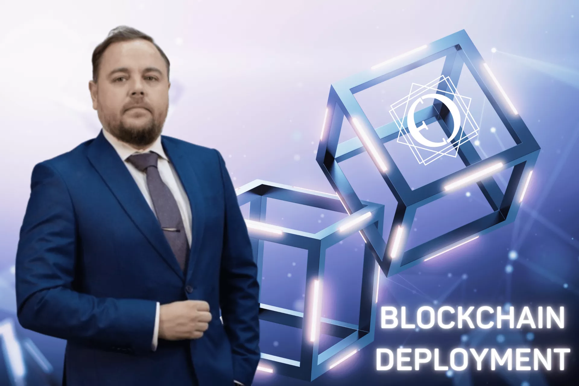 ブãƒãƒƒã‚¯ãƒã‚§ãƒ¼ãƒ³ã®ç§»è¡Œã‚’担当ã™ã‚‹ã‚¹ãƒ¼ãƒ„å§¿ã®ç”·æ€§ãŒã€éŸ³å£°é€šè©±ã®ä¸æœªæ¥