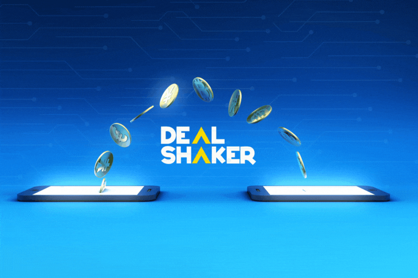 é’ã„背景ã«ã‚³ã‚¤ãƒ³ãŒã‚„りå–りã•れる2å°ã®ã‚¹ãƒžãƒ¼ãƒˆãƒ•ォンã¨ã€ä¸å¤®ã«ã€ŒDEAL SHAKERã€ã¨ã„ã†æ–‡å—ãŒè¡¨ç¤ºã•れã€540åŠ ç›Ÿåº—ã®å•†å“を宣ä¼ã—ã¦ã„ã¾ã™ã€‚