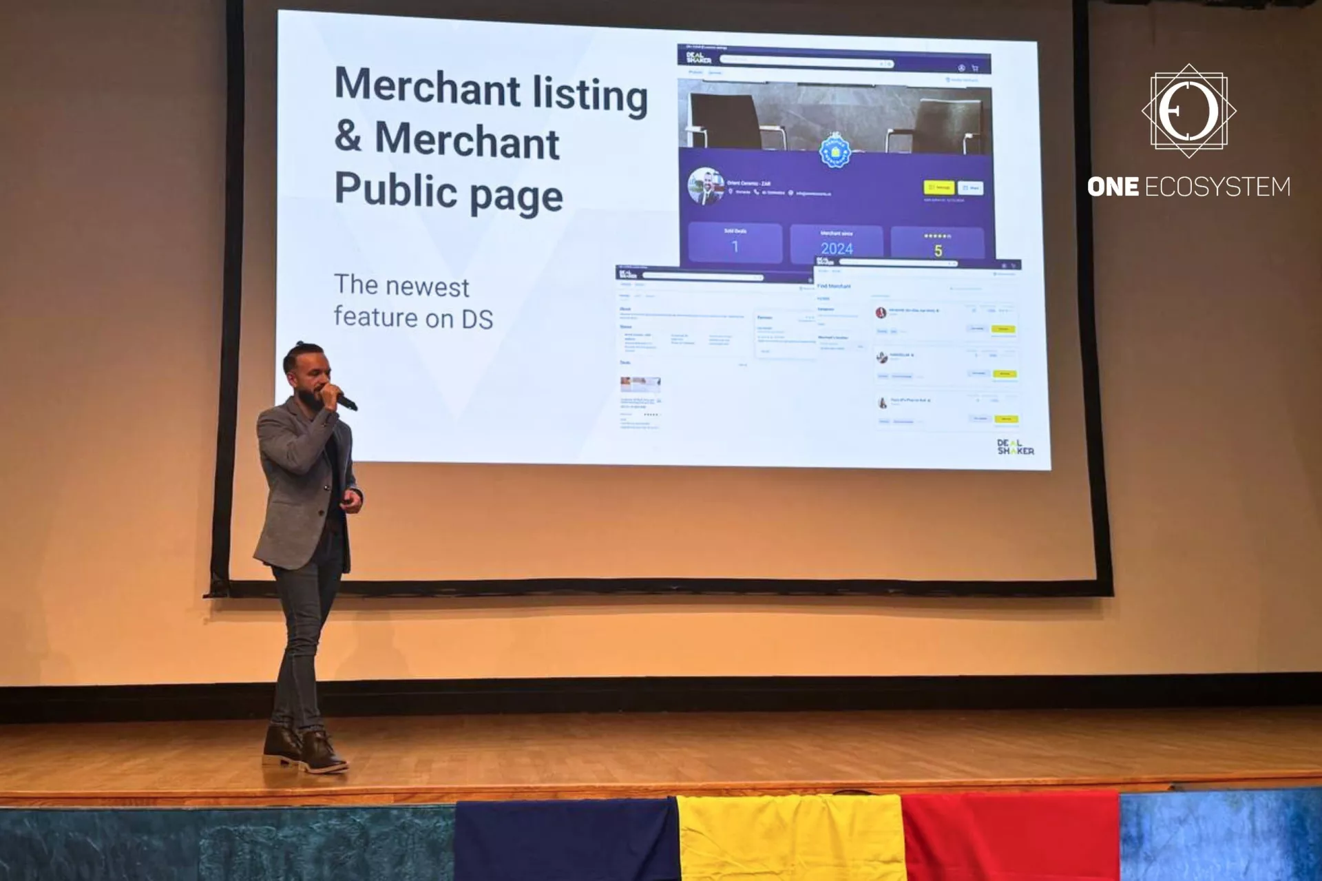 Ivan Zerkov が精力的にステージに上がり、One Ecosystem の「加盟店リストと加盟店公開ページ」のスライドを発表し、ディールシェーカーによるエキサイティングな新機能と強化された機能との統合を強調しました。