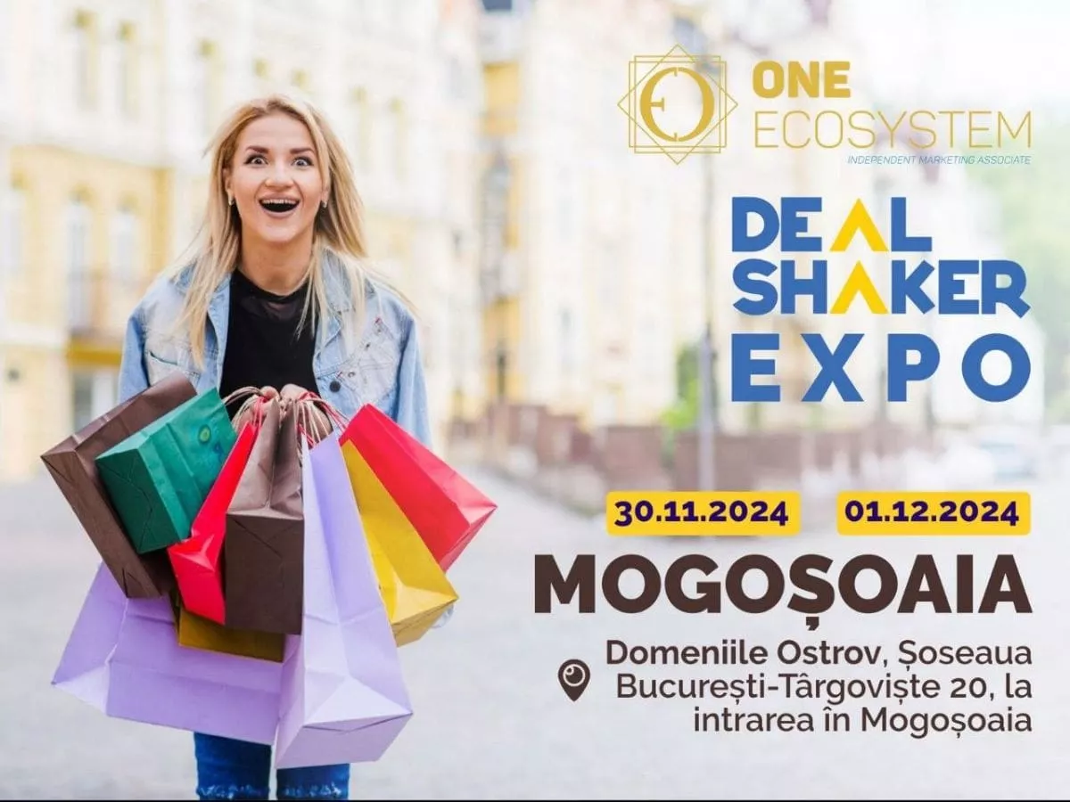 カラフルなショッピングバッグを持った金髪の女性が笑顔で立っています。彼女の周りのテキストには、2024 年 11 月 30 日と 2024 年 12 月 1 日にモゴショアイアの Domeniile Ostrov で開催される「DealShaker Expo」が告知されており、活気に満ちたショッピングに皆様を誘っています。