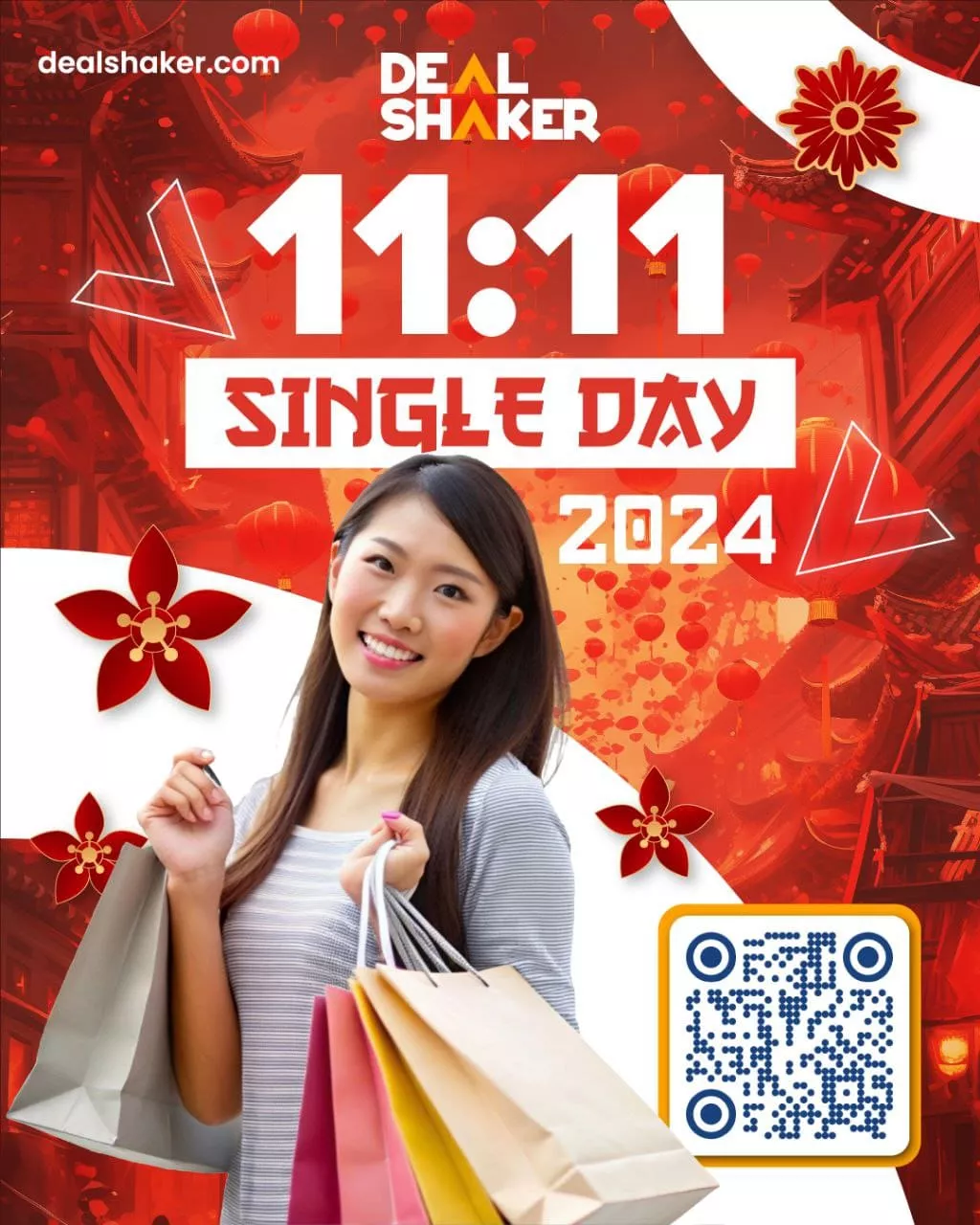 笑顔の女性が、鮮やかな赤いお祭りの背景に「2024 年 11 時 11 分の独身の日」と QR コードが描かれたショッピング バッグを持ち、DealShaker の興奮とともにダブルイレブンを祝います。