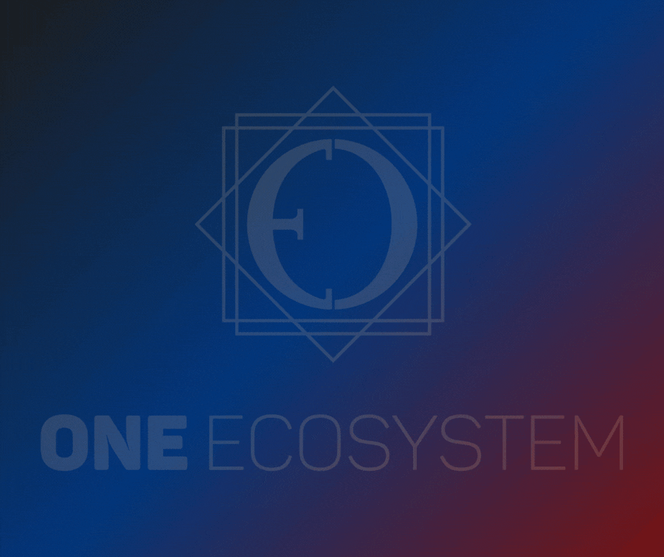 幾何学的なデザインの青と赤のグラデーションの背景に、革新と成長を象徴するライトグレーの「ONE ECOSYSTEM」という文字が描かれています。.