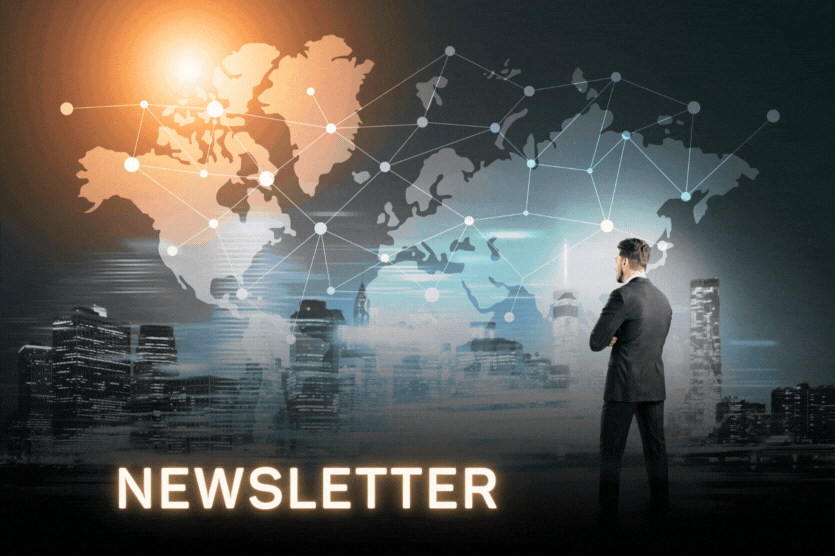 スーツを着た男性が世界地図とライトアップされた街並みの前に立っており、その下に「ニュースレター」と大きく書かれ、世界的な洞察を示唆している。