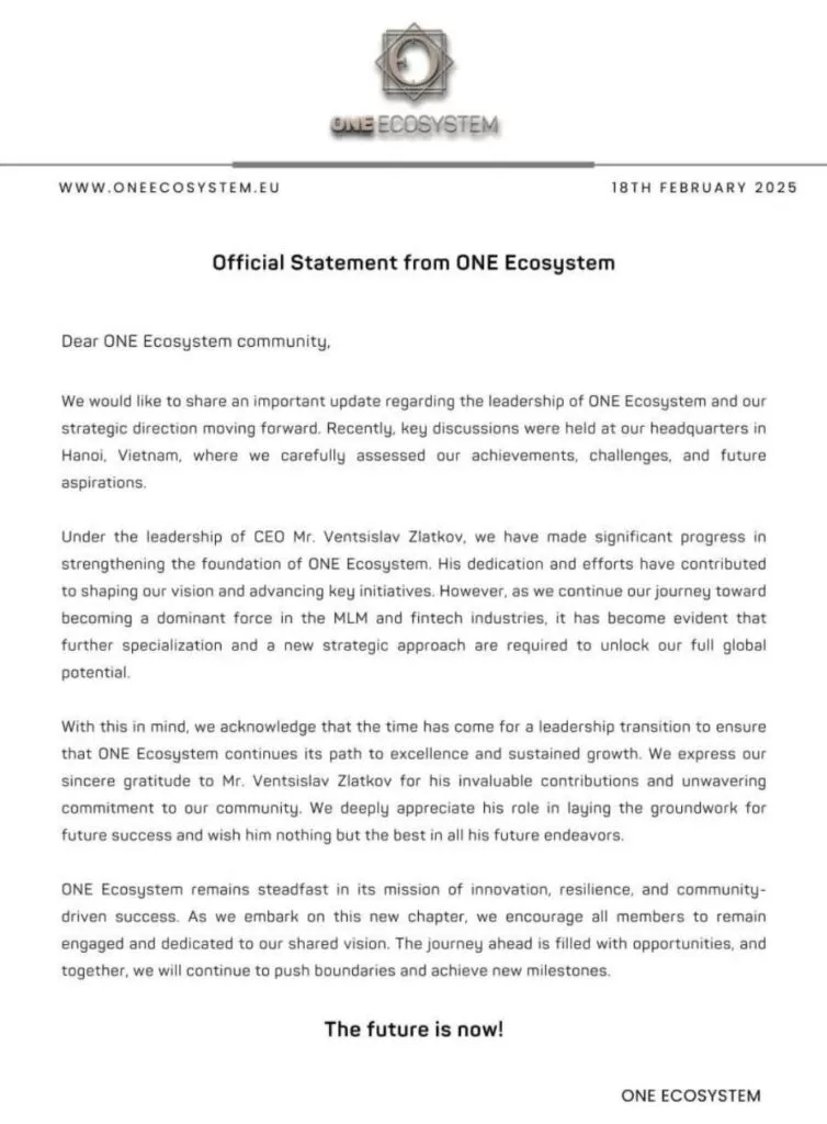 継続的ãªã‚¤ãƒŽãƒ™ãƒ¼ã‚·ãƒ§ãƒ³ã‚’目指ã—ãŸãƒªãƒ¼ãƒ€ãƒ¼ã‚·ãƒƒãƒ—ã®å¤‰æ›´ã¨æˆ¦ç•¥çš„æˆé•·ã‚¤ãƒ‹ã‚·ã‚¢ãƒãƒ–ã«é–¢ã™ã‚‹ ONE Ecosystem ã‹ã‚‰ã®å…¬å¼å£°æ˜Žã€‚.