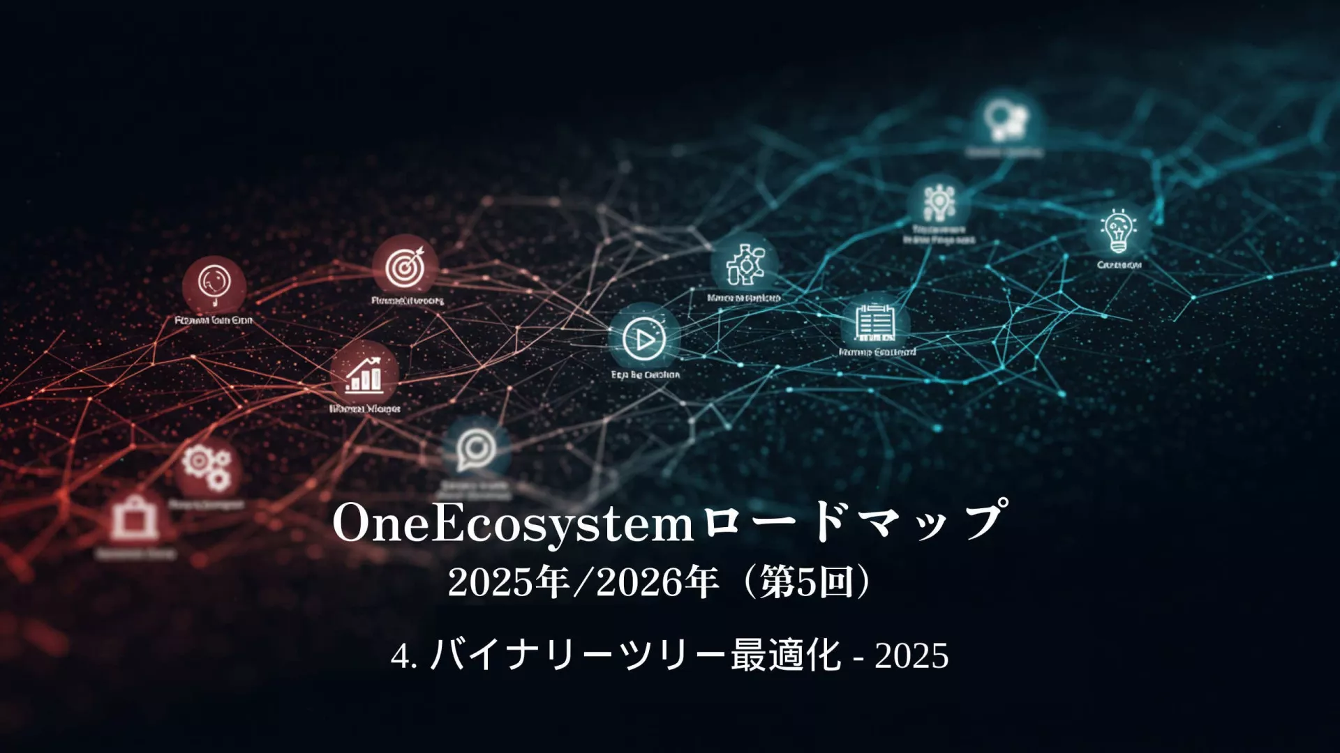 相互接続されたアイコンのデジタル・ネットワークがテクノロジーと金融を示す。下部には「OneEcosystemロードマップ2025年/2026年(5回)4.バイナリーツリー最適化 - 2025」。.