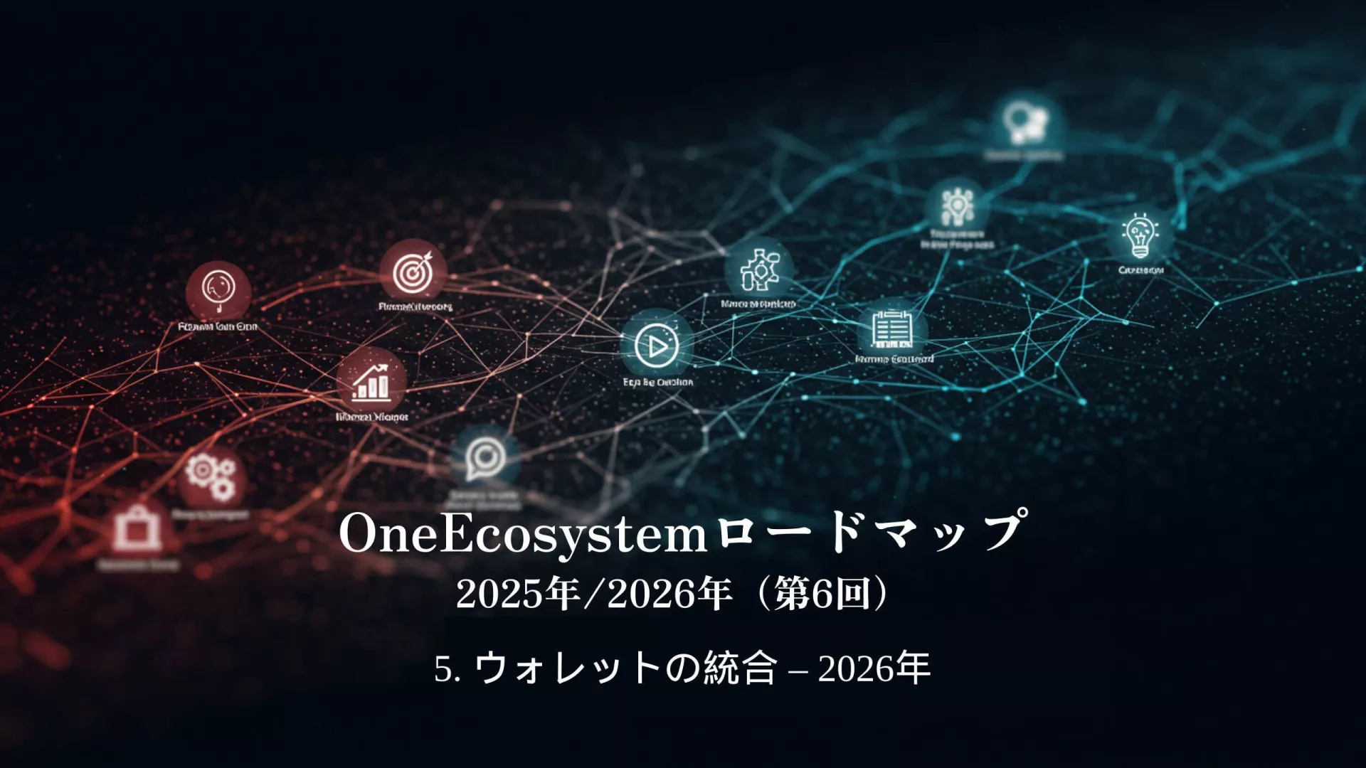 相互接続されたアイコンのデジタルネットワークは、ブロックチェーンとウォレット技術を強調している。日本語のテキストにはこうある:「OneEcosystemロードマップ2026年 - ウォレットの統合」(ウォレットの統合 - 2026年)。.