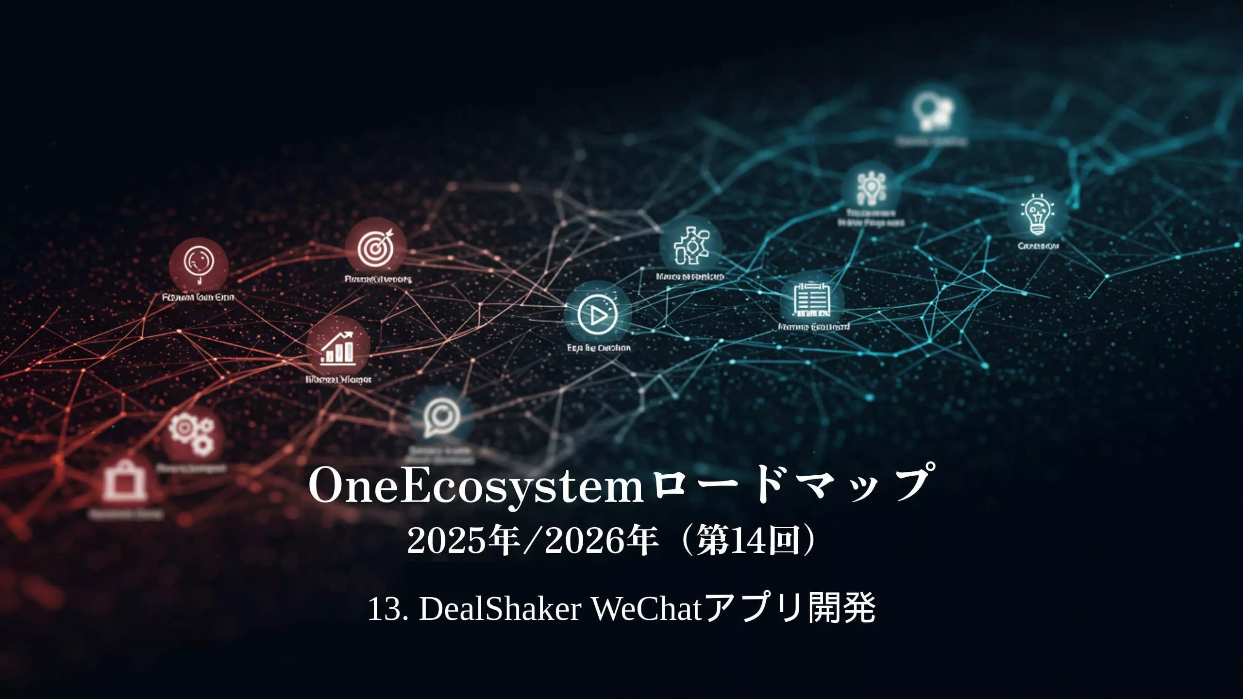 OneEcosystemロードマップ2025年/2026年(第14回)13.暗い背景に日本語で「DealShaker WeChatアプリ開発」と表示。.