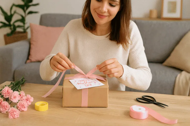 Vrouw versiert cadeau met roze lint en bloemen