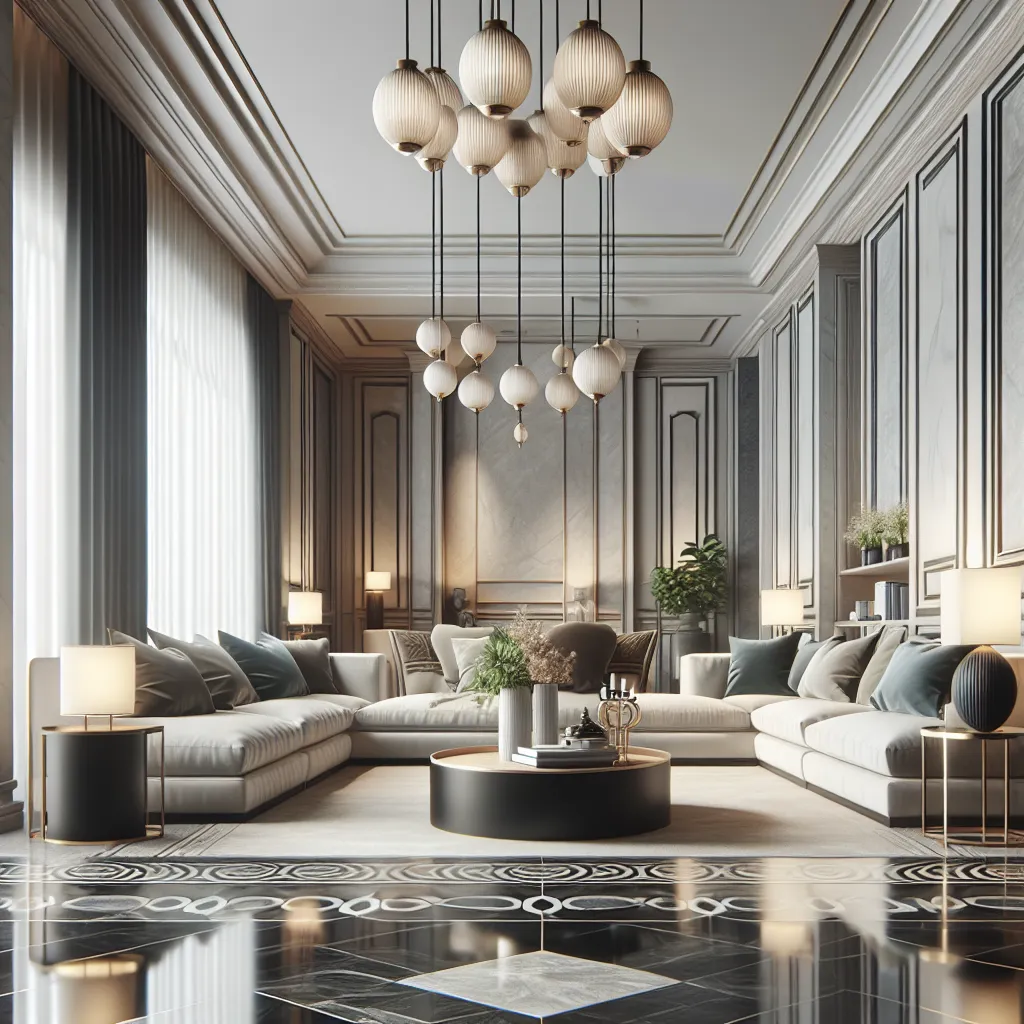 An elegant living room showcasing various designs of polished concrete floors with decorative elements