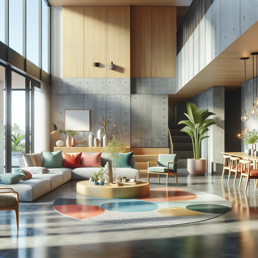 A beautifully designed residential space showcasing decorative concrete floors with acid stains and polished finishes, featuring modern furniture and vibrant decor