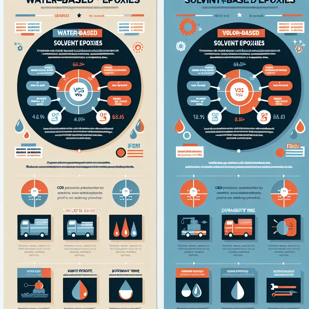 An infographic comparing water-based and solvent-based epoxies highlighting their features such as VOC levels, durability, and curing times.