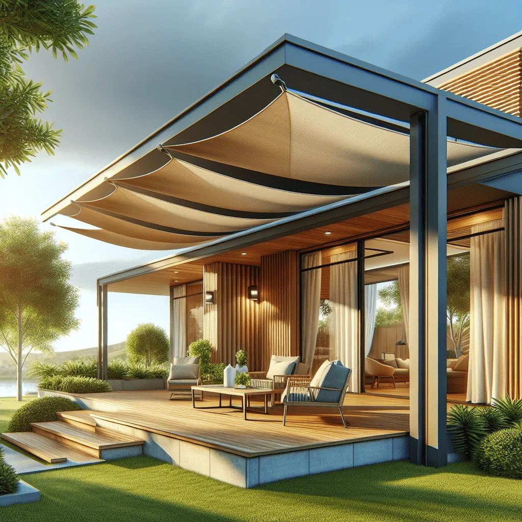 A modern home featuring various types of sun shades including <a href='https://miamiretractables.com/services/retractable-awning-installation-in-homestead/'>retractable awnings</a> and sail shades over a stylish deck