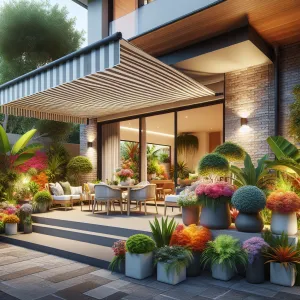 A modern patio with an extended striped awning, outdoor dining table, chairs, and numerous potted plants and flowers in vibrant colors, creating a lush and inviting garden atmosphere.