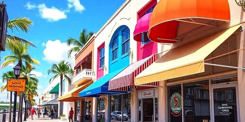 Colorful Miami storefront awnings with striped patterns line a sunny street bordered by palm trees under a bright blue sky. People stroll along the sidewalk while a few signs hang from the vibrant buildings.
