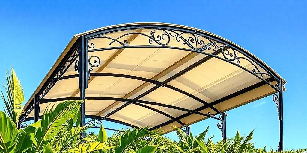 A decorative metal pergola with an arched beige outdoor canopy, featuring black ornate scrollwork, stands amid lush green plants under a clear blue sky.