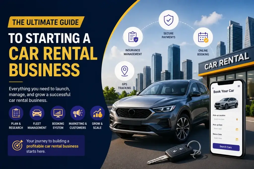 Featured image showing how to start a car rental business setup with SUV, booking app, secure payments, GPS tracking, online booking, and fleet management features.