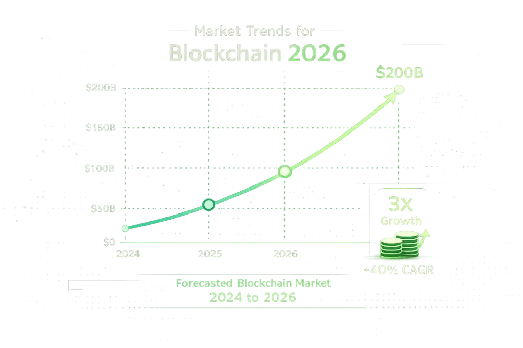 Top Blockchain Use Cases in 2026: From System of Records to Full-Scale Platforms 1 Blockchain market trends for 2026 showing forecasted growth from 2024 to 2026 with rising market value and CAGR