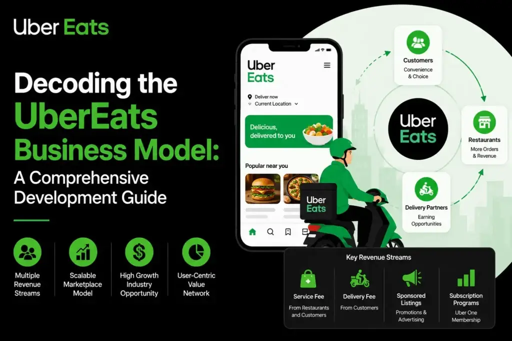 Uber Eats business model infographic showing the app, delivery partner, customers, restaurants, and key revenue streams.
