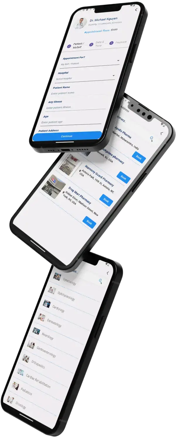 Practo Clone 8 Practo Clone App with Triple View Mobile Screen Interface.