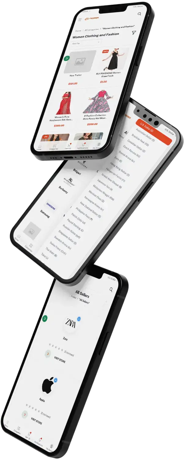 Alibaba Clone 8 Triple View Alibaba Clone Mobile App three Screens.