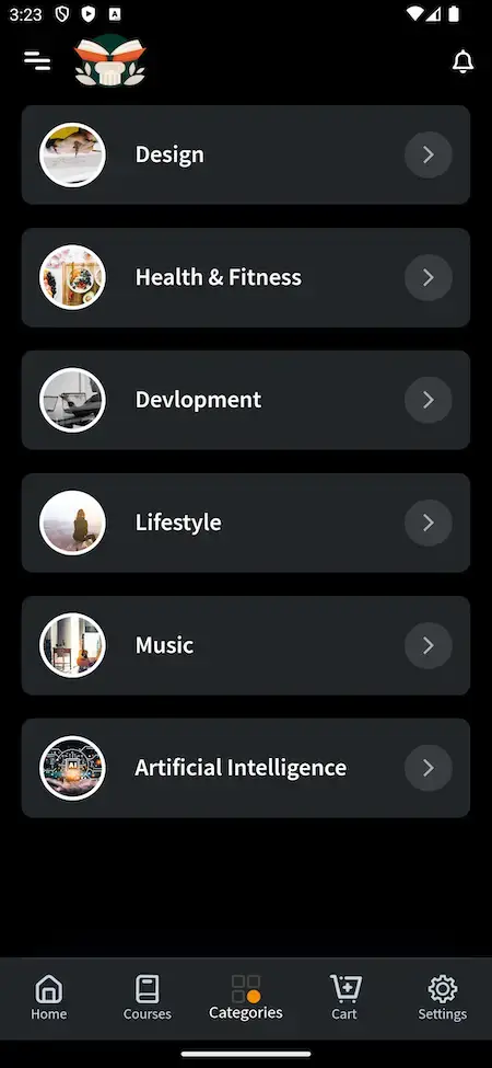 Byju's Clone 17 Byju's clone platform showcasing categorized course listings for easy navigation.