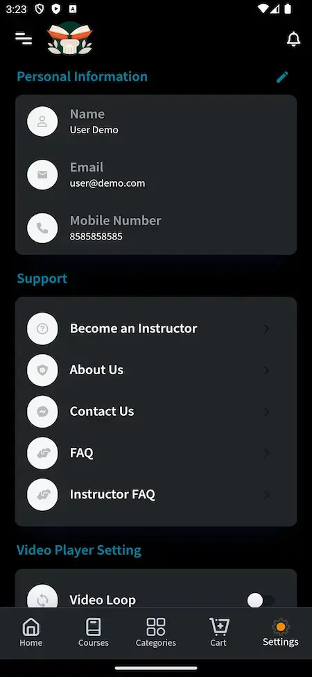 Byju's Clone 16 Byjus App user profile screen with dashboard and course details.