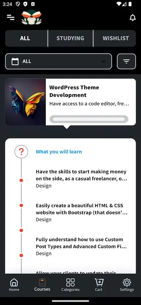 Byju's Clone 13 Course summary screen displaying lessons and progress in Byju’s clone app.