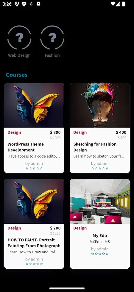 Byju's Clone 20 Pricing screen displaying web design and fashion course fees on Byjus Clone.
