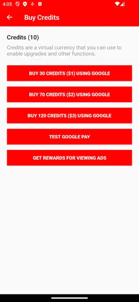 Tinder Clone 15 Buy credits screen on a Tinder clone for premium features access.