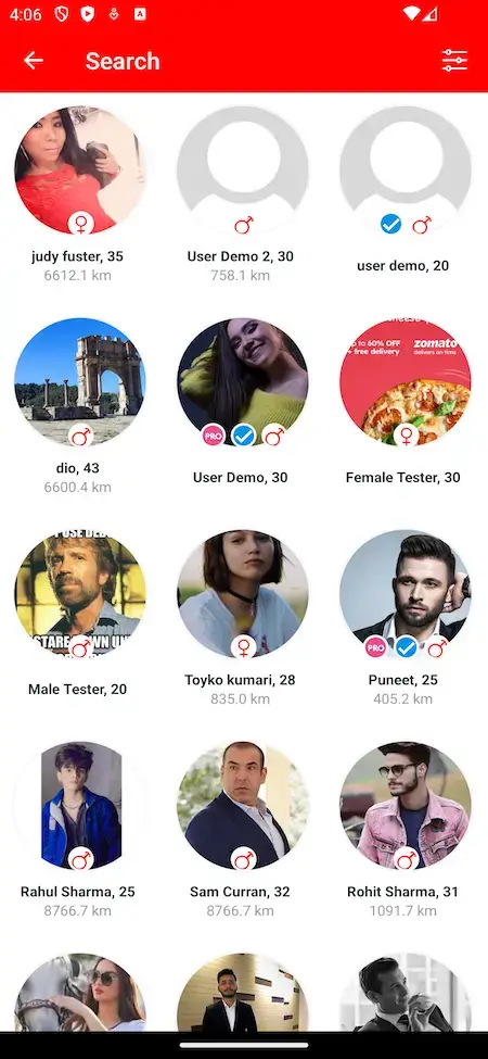 Tinder Clone 21 Tinder app search screen showing user profiles and match options.