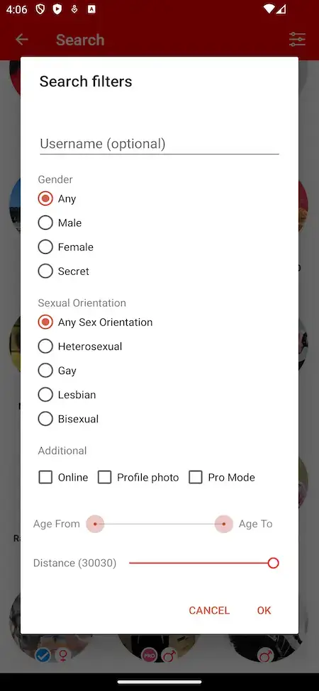 Tinder Clone 22 Tinder app search filter screen showing user preferences and gender options.