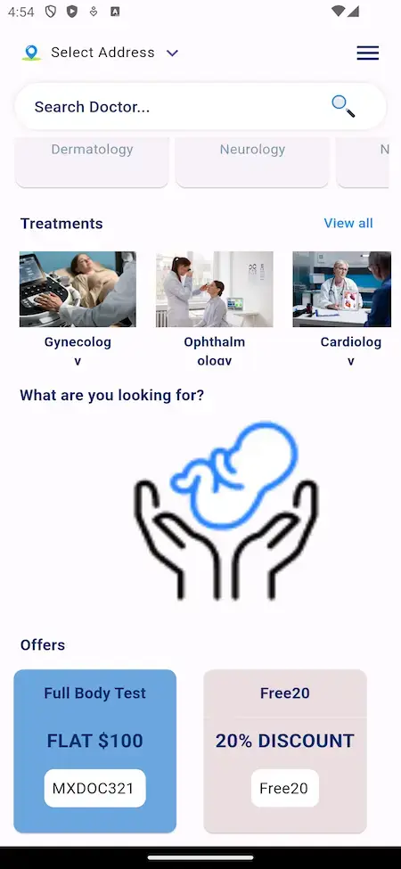Practo Clone 20 Practo Clone Search Doctors and Treatments Screen for Healthcare Platform.
