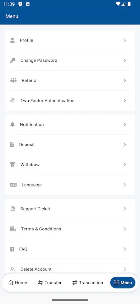 Banking Solution 17 Banking solution App main menu Screen