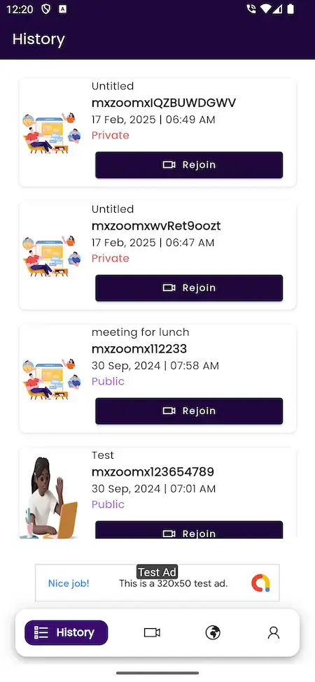 Zoom Clone 20 Zoom clone Mobile App User History Screen.