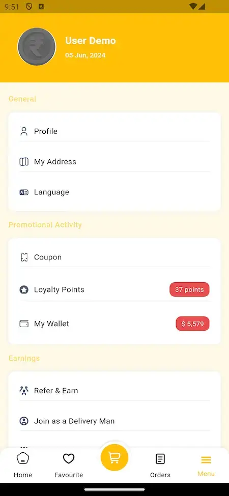 Doordash Clone 23 User Account Dashboard Page - Doordash Like App Screen