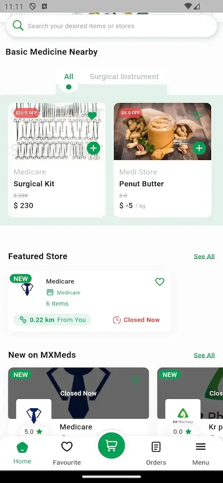 Netmeds Clone 15 Nearby medicals and featured stores netmeds clone mobile app screen.