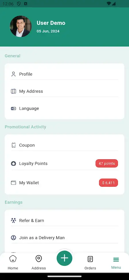 Uber Delivery Clone 13 Uber Delivery Clone User Demo Profile & General Settings Screen