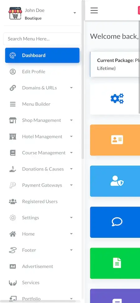 Wix Clone 17 Wix Clone user dashboard menu Display