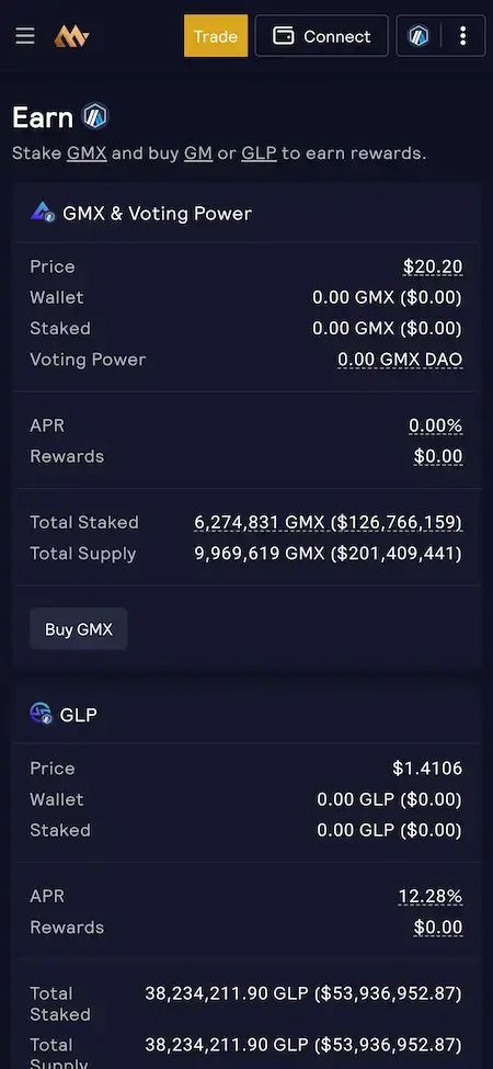 GMX Clone 21 GMX Clone Mobile Earn Screen.