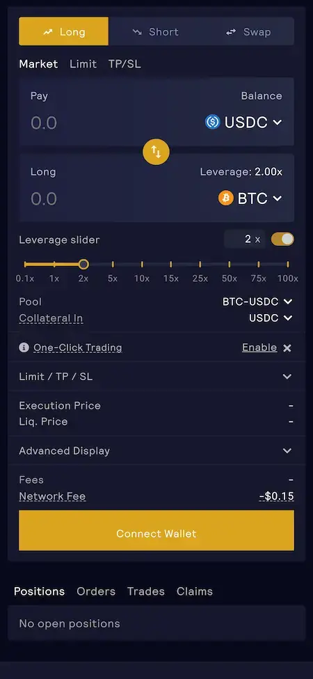 GMX Clone 13 GMX Clone Mobile App Screen dashboard showing trading values