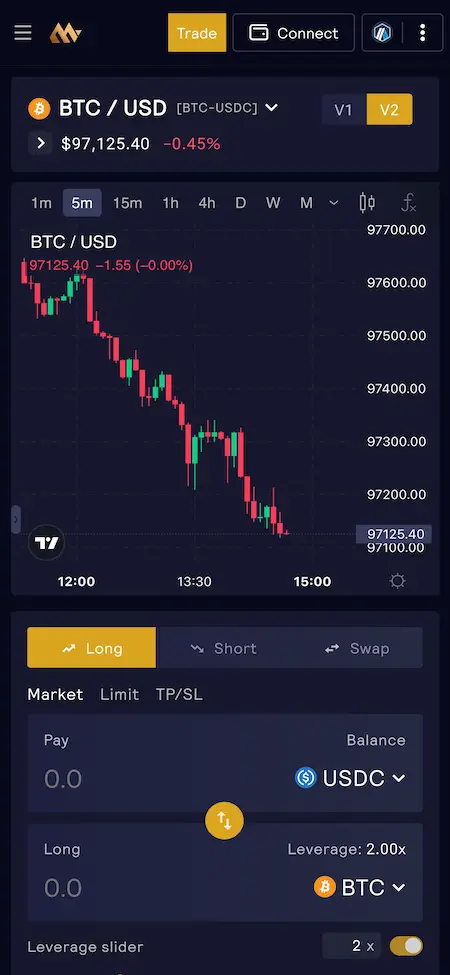 GMX Clone 18 GMX Clone Mobile App BTC/USD Screen.