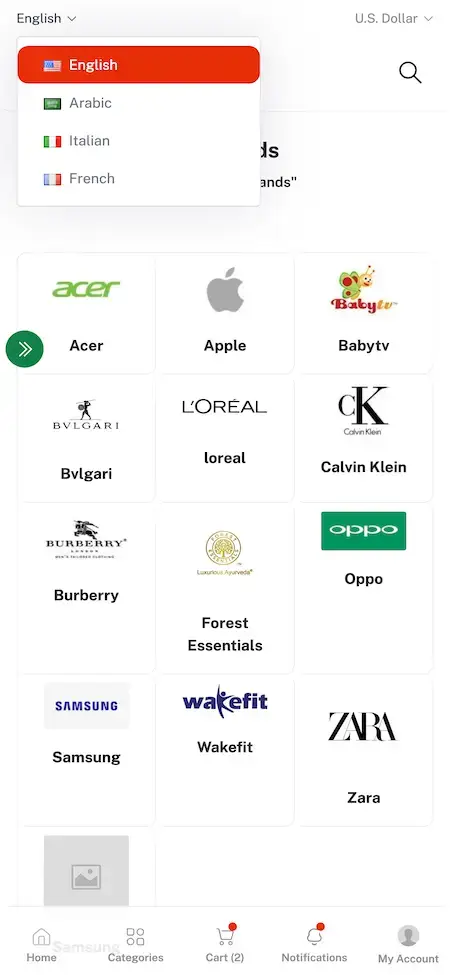 Alibaba Clone 16 Alibaba Clone Mobile App Brands Screen.