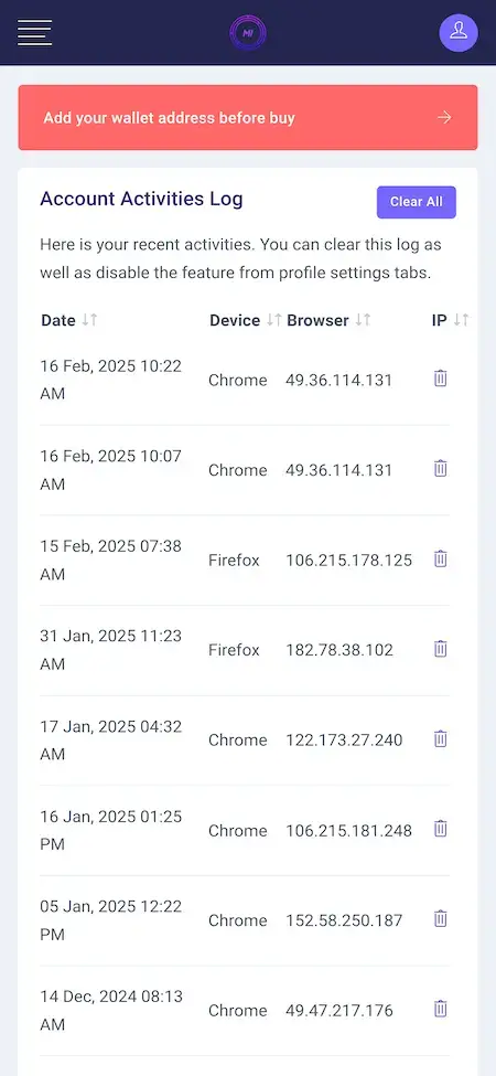ICO Launchpad 19 ICO Launchpad Mobile App Activity Log Screen.
