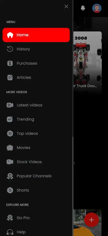 YouTube Clone 19 youtube Clone home page menu UI Screen.