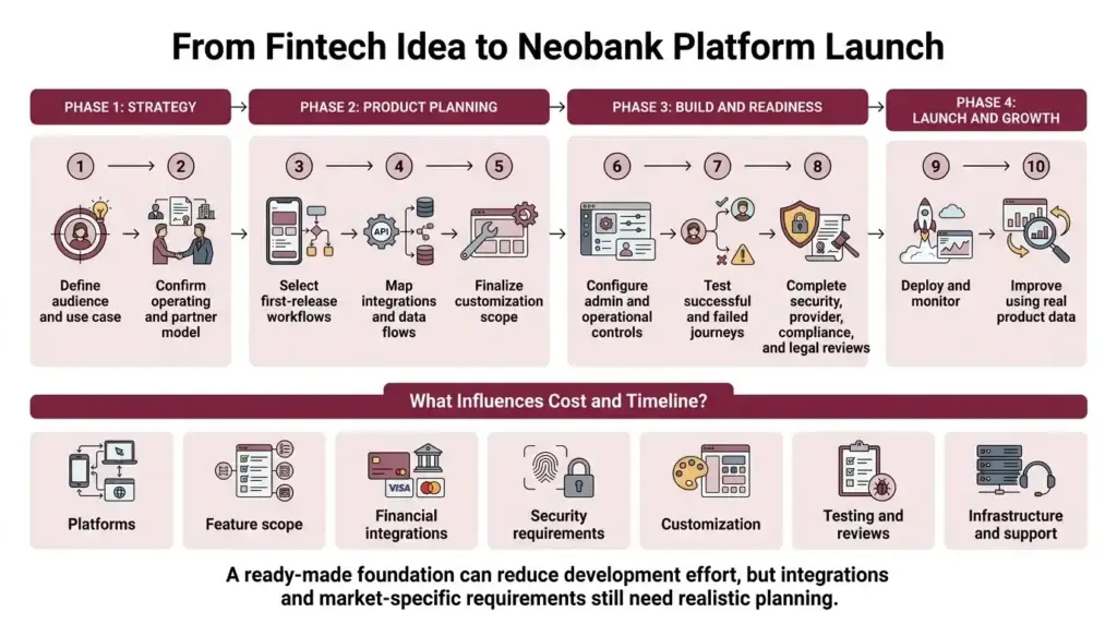 Top 5 Mistakes Startups Make When Building a Revolut Clone 2 Ten-step neobank platform launch process from audience research and integrations to deployment, monitoring, and product improvement