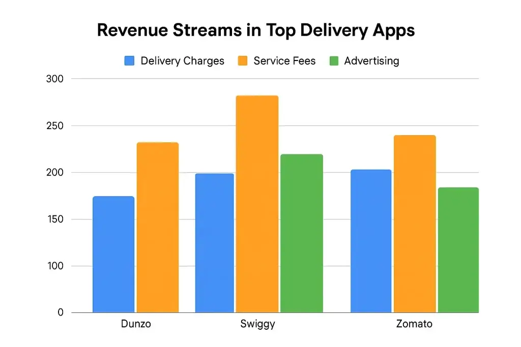 Top 5 Mistakes Startups Make When Building a Dunzo Clone 3 Revenue Streams Top Delivery Apps Dunzo Swiggy Zomato Chart
