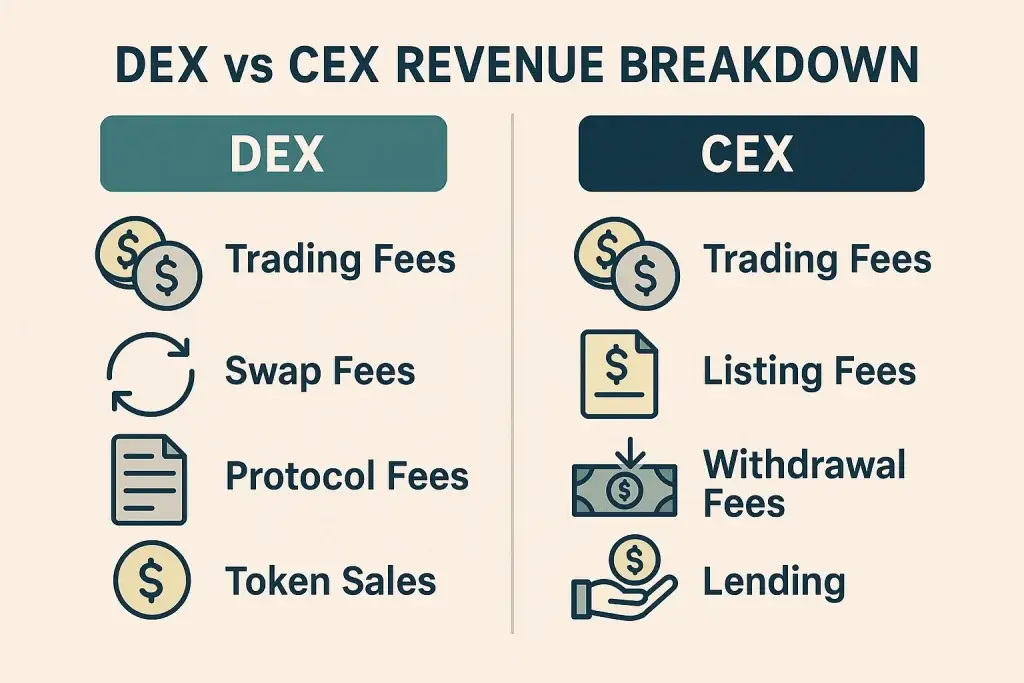 Proven Revenue Models for Your Decentralized Crypto Exchange 1 Comparison chart showing revenue sources for decentralized (DEX) vs centralized (CEX) crypto exchanges, including trading, swap, protocol, listing, and withdrawal fees.