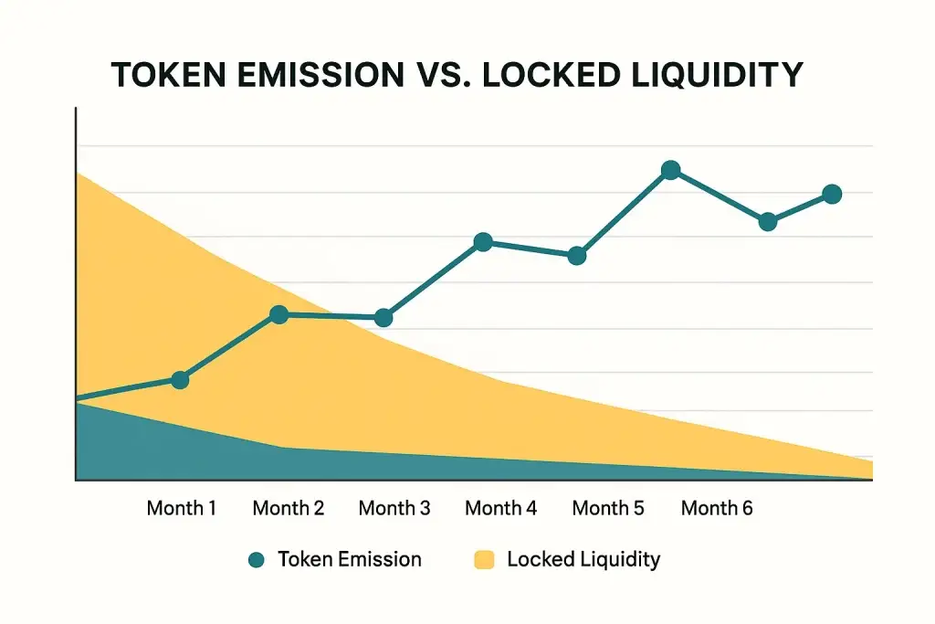 Proven Revenue Models for Your Decentralized Crypto Exchange 3 Line and area chart comparing token emission decline with locked liquidity growth over six months in a DeFi protocol.