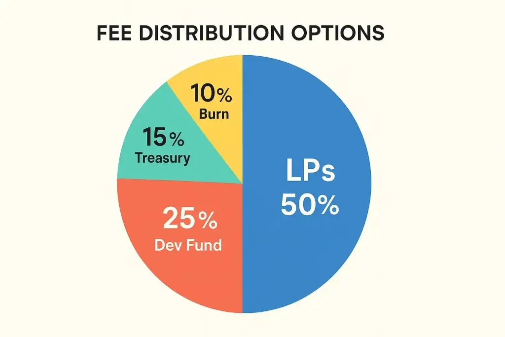 Proven Revenue Models for Your Decentralized Crypto Exchange 2 "Pie chart showing fee distribution options: 50% to LPs, 25% to Dev Fund, 15% to Treasury, and 10% Burn.